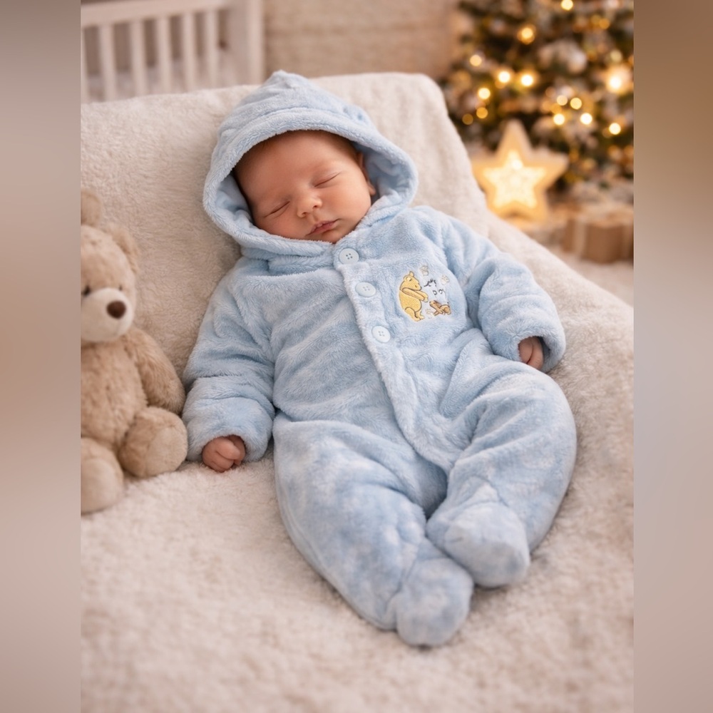 Disney Classic Pooh Hooded Footed Fleece One Piece | Newborn | Blue